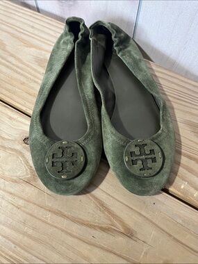 Tory Burch Olive Green Suede Logo Ballet Flats